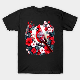 Cute Northern Cardinal Surrounded by Vibrant Spring Flowers T-Shirt